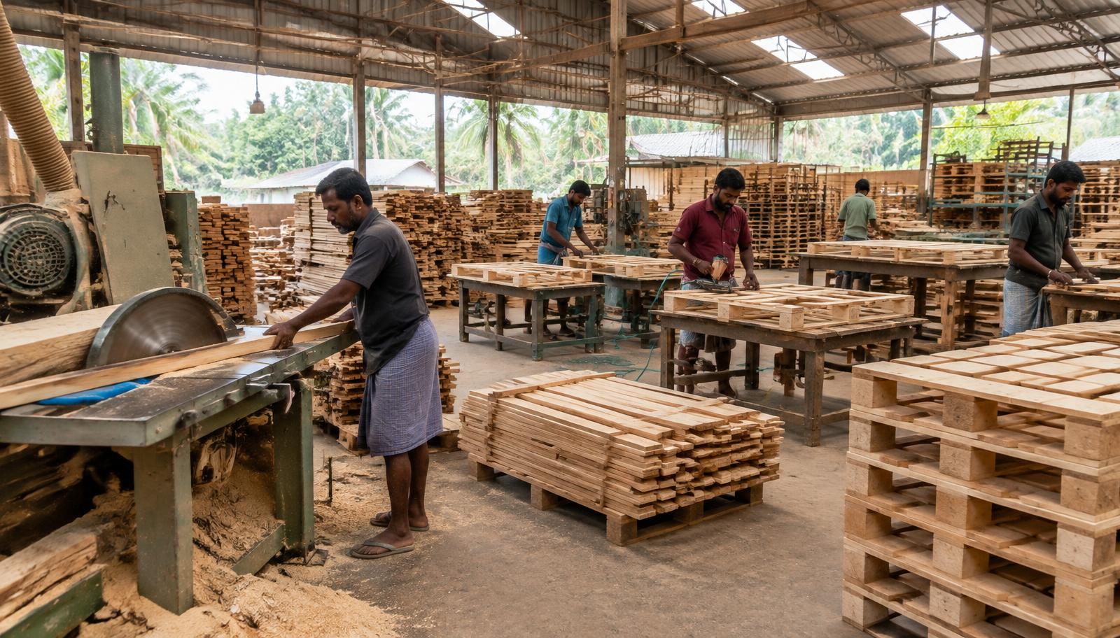 Wood processing workshop with pallet assembly