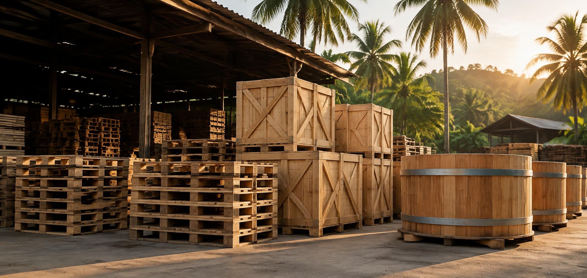 Wooden pallets, crates and vats outside a wood manufacturing facility in Kerala