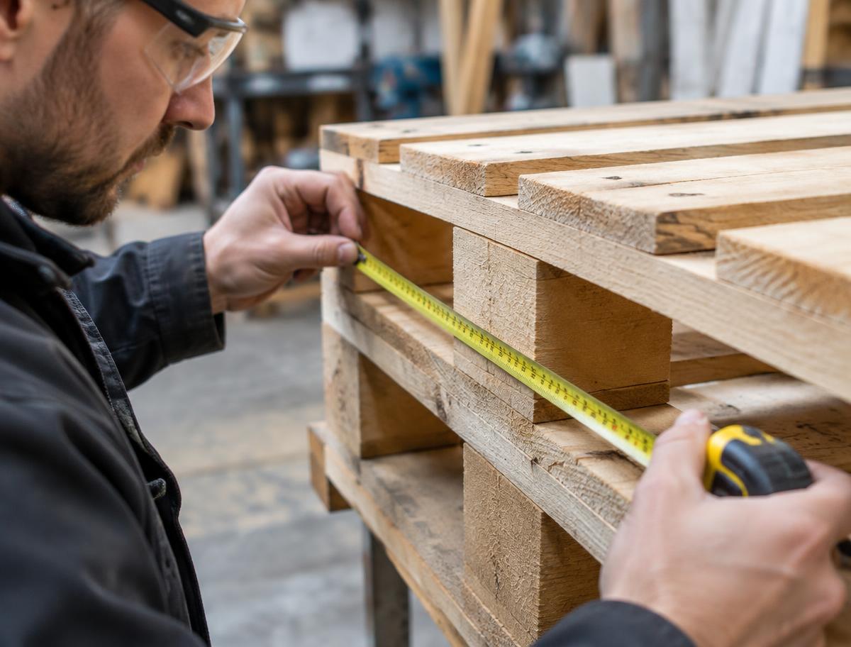 Technician measuring a wooden pallet