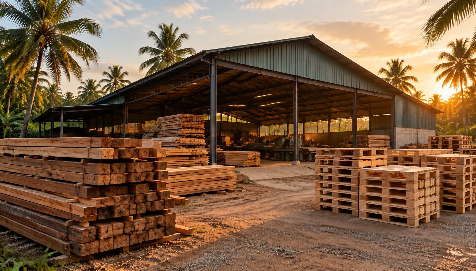Wood manufacturing facility with stacked timber and pallets